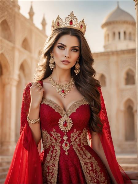 تصویر باکیفیت بانو با استایل اشرافی و پس‌زمینه عمارت تاریخی جهت تولید تابلو فرش و پوسترهای دیواری لوکس