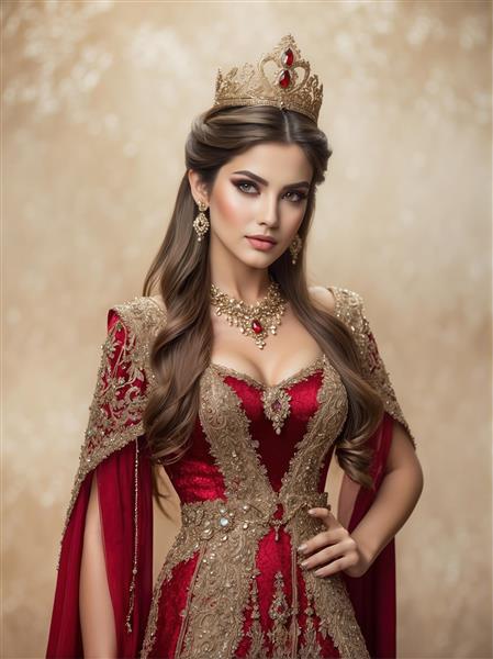 پوستر دیواری طرح نقاشی ملکه با لباس مخمل قرمز و تاج مرصع برای دکوراسیون کلاسیک پذیرایی و اتاق خواب بزرگسال