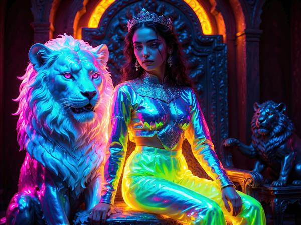 تصویر هنری بانو و شیر نشسته بر تخت پادشاهی با جلوه‌های نوری مدرن جهت چاپ روی شاسی و پوسترهای دیواری