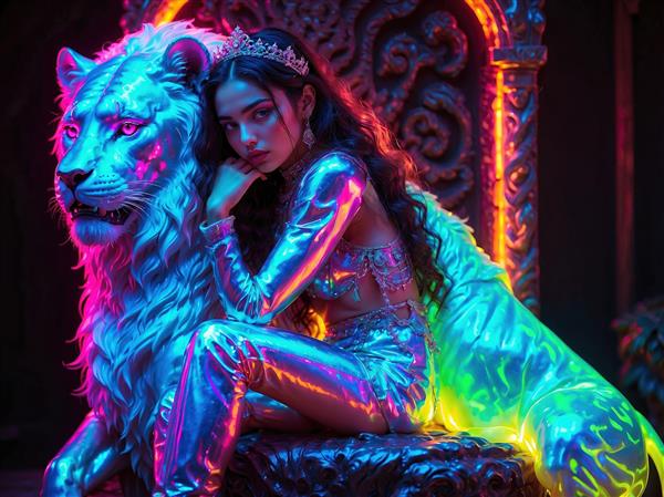 پوستر دیواری سه بعدی فانتزی ملکه و شیر سفید با نورپردازی نئون صورتی و آبی برای اتاق خواب مستر و لابی