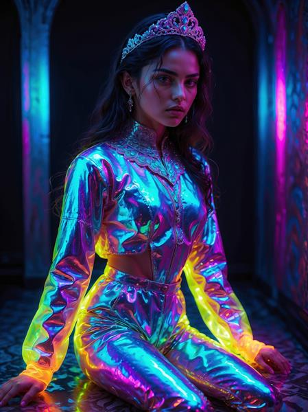 پوستر دیواری فانتزی دختر با تاج درخشان و تم رنگی بنفش و صورتی نئون ویژه اتاق نوجوان و فضاهای خلاقانه