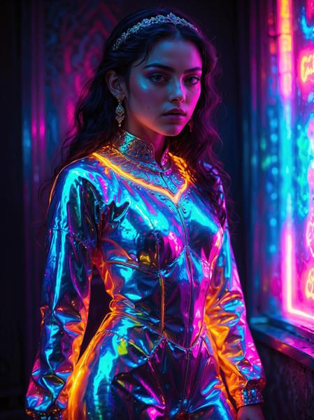 طرح پوستر سه بعدی مدرن زن در فضای نئونی و تابلوهای تبلیغاتی برای دکوراسیون مغازه، بوتیک و آرایشگاه‌های خاص