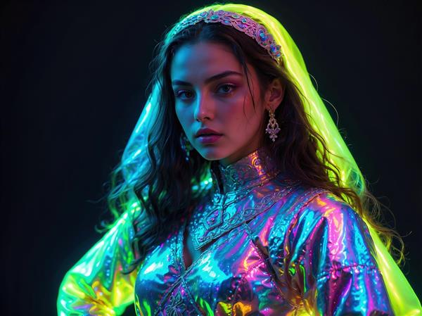 پوستر دیواری نئونی طرح سایبرپانک زن با لباس درخشان و حجاب فانتزی برای اتاق گیمینگ، گیم‌نت و کافه‌های مدرن