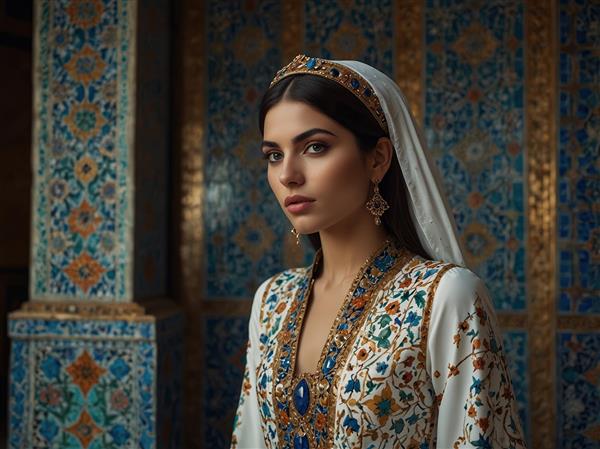 پوستر دیواری با طرح کاشی‌کاری ایرانی و بانو با لباس سنتی سفید برای دکوراسیون سنتی، رستوران‌ها و هتل‌های سنتی