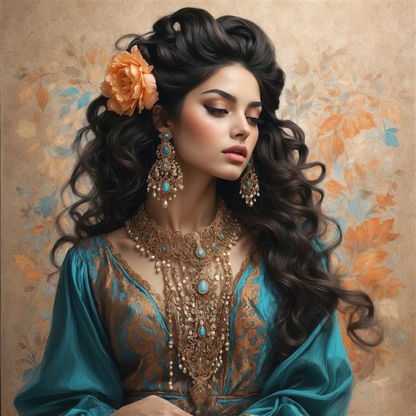 طرح عمودی پوستر دیواری چهره زن با گردنبند سنتی بزرگ و پس‌زمینه هنری برای پشت تختخواب و دیوارهای کانونی