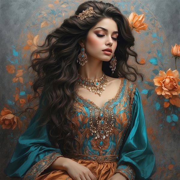 پوستر دیواری لاکچری زن در میان گل‌ها با استایل کلاسیک و تم رنگی گرم ویژه تالارهای پذیرایی و لابی هتل