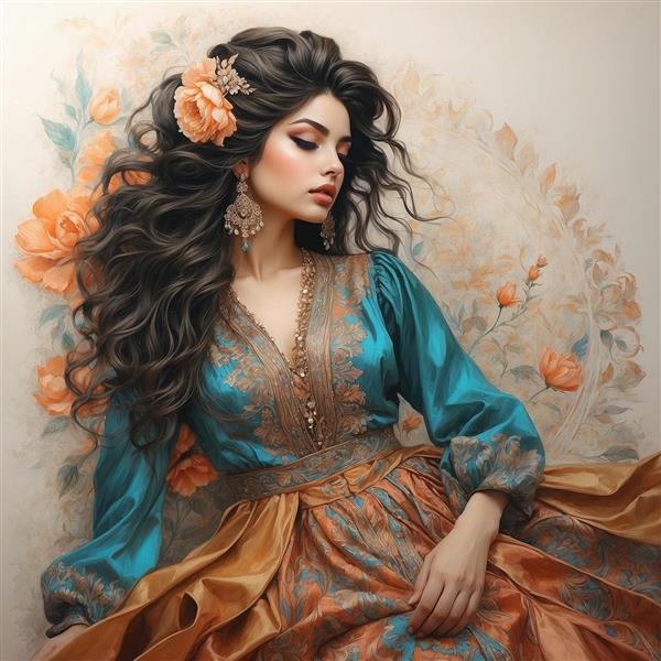 پوستر دیواری طرح نقاشی زن قاجار با لباس سنتی فیروزه‌ای و گل‌های رز نارنجی مناسب دکوراسیون پذیرایی و اتاق خواب