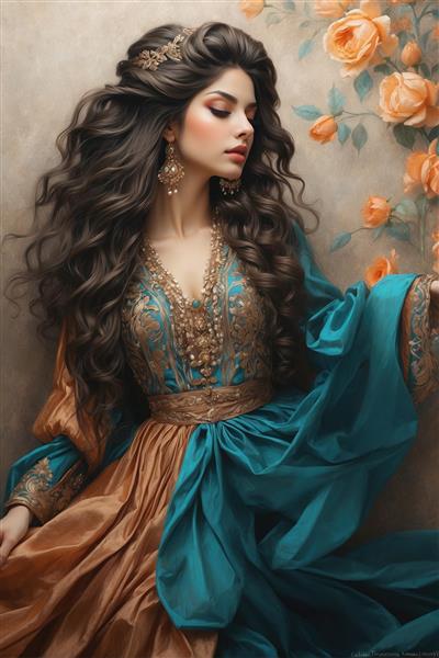 نقاشی دیجیتال بانوی ایرانی در حالت نیم‌رخ با تاج ظریف و لباس چین‌دار فیروزه‌ای جهت دکوراسیون اتاق پذیرایی و سالن ناهارخوری
