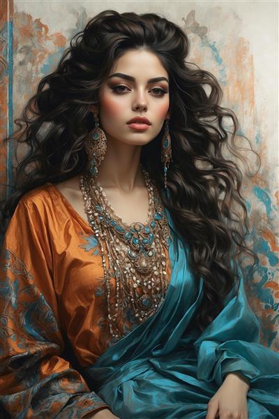 طرح گرافیکی چهره دختر پارسی با انبوه موهای فر و گردنبندهای سنگ‌کاری شده برای پوستر دیواری آرایشگاه و کلینیک‌های زیبایی