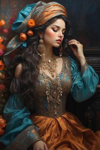 تصویر هنری زن ایرانی با سربند سنتی و گل‌های نارنجی در موها برای چاپ روی روتختی، کوسن و پوسترهای هنری کافی‌شاپ‌ها
