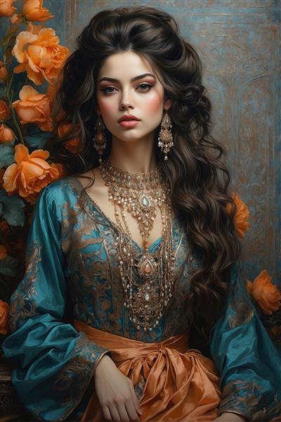 نقاشی پرتره دختر ایرانی با نگاهی نافذ و گردنبندهای چند ردیفه مناسب دکوراسیون داخلی کلاسیک و تولید قاب‌های دکوراتیو لوکس