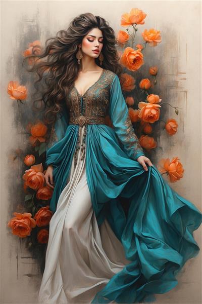 نقاشی دیجیتال تمام قد زن ایرانی با لباس مجلل فیروزه‌ای در میان بارانی از گل‌های نارنجی مناسب برای پوستر دیواری پذیرایی و تالارهای لوکس