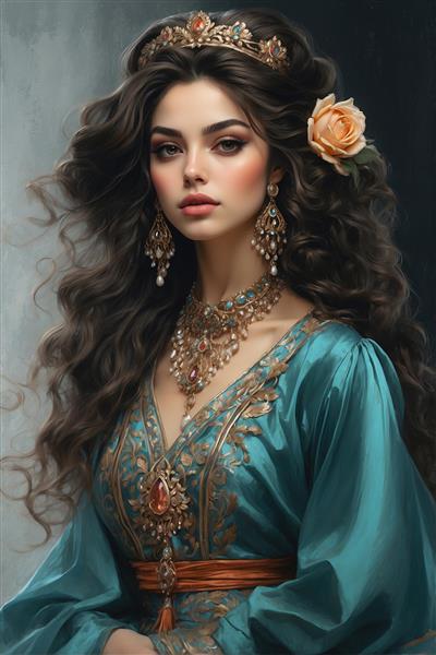 پوستر طرح نقاشی ملکه ایرانی با تاج و گل رز در موها برای دکوراسیون اتاق مستر، هتل‌های سنتی و کافه‌های هنری