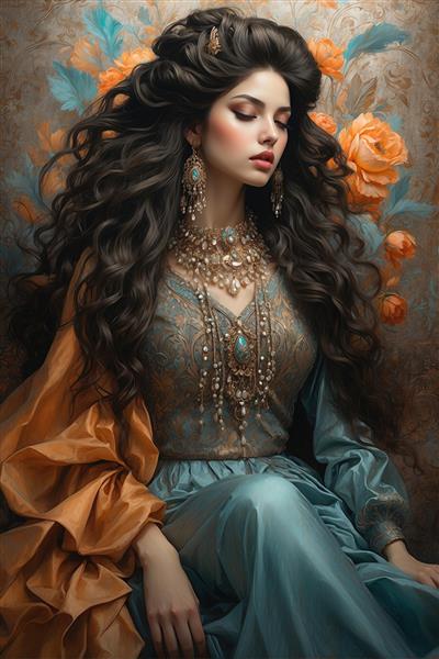 نقاشی رمانتیک دختر ایرانی با لباس فاخر و پس‌زمینه اسلیمی برای دیوار پشت تلویزیون و دکوراسیون داخلی کلاسیک
