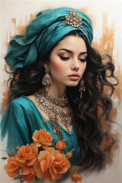 طرح گرافیکی بانوی ایرانی با توربان فیروزه‌ای و گل‌های نارنجی در پایین تصویر مناسب پوستر دیواری مزون و سالن‌های زیبایی لوکس