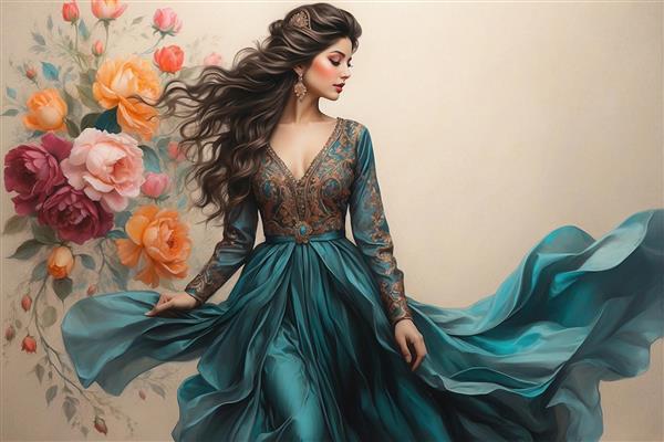 تصویر زن ایرانی با لباس حریر بلند در باد و پس‌زمینه گل‌های بهاری جهت تولید پوستر دیواری سه بعدی سالن‌های بزرگ و آتلیه‌های عکاسی