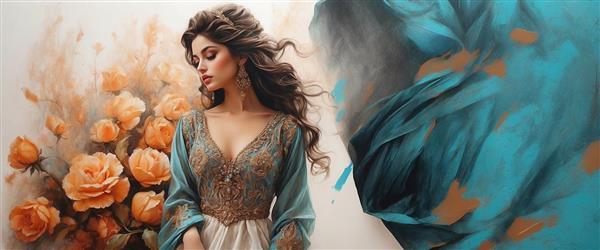 بنر افقی و عریض نقاشی دیجیتال زن ایرانی و گل‌های رز با رنگ‌آمیزی انتزاعی مناسب برای پوستر دیواری پشت تختخواب و بالای کاناپه