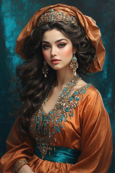 طرح نقاشی پرتره دختر پارسی با تاج جواهرنشان و لباس نارنجی ویژه چاپ روی بوم، کوسن و پرده‌های تصویری اتاق خانم‌های جوان