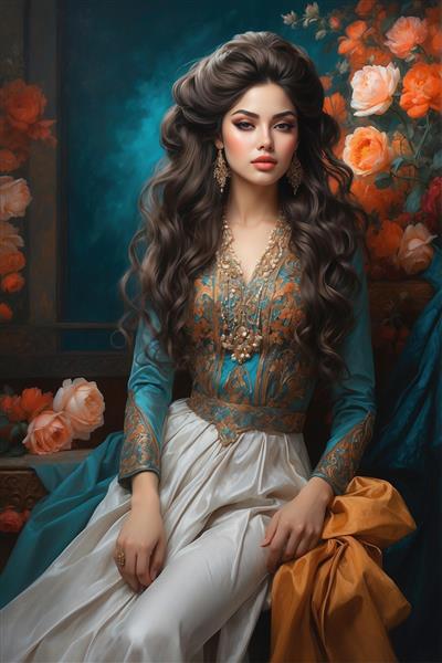 تصویر گرافیکی زن اصیل ایرانی با پوشش مجلل و آرایش غلیظ در میان گلستان برای پوستر دیواری سه بعدی لابی هتل و تالارهای پذیرایی