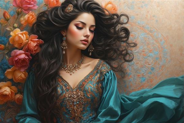 نقاشی هنری چهره دختر زیبای ایرانی با لباس سنتی فیروزه‌ای و گل‌های رز نارنجی مناسب چاپ پوستر دیواری اتاق خواب و تابلوهای دکوراتیو سالن پذیرایی