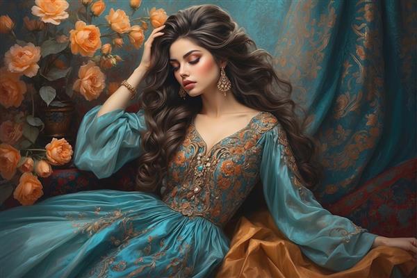 تصویر هنری زن ایرانی در حالت آرامش با لباس گلدوزی شده و پس‌زمینه گل رز برای پوستر دیواری رمانتیک