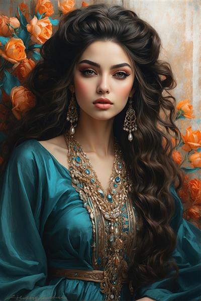 پرتره نقاشی دیجیتال زن جوان ایرانی با نگاهی نافذ و گردنبندهای چند ردیفه برای پوستر دیواری مدرن و شیک