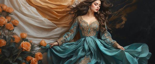 طرح عریض نقاشی دیجیتال زن ایرانی با لباس سبز فیروزه‌ای در میان گل‌ها ویژه پوستر دیواری پشت تختخواب