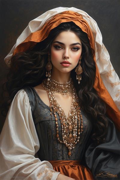 پرتره هنری زن ایرانی با جواهرات پرزرق و برق و استایل کلاسیک شرقی مناسب چاپ تابلو دکوراتیو و پوستر دیواری