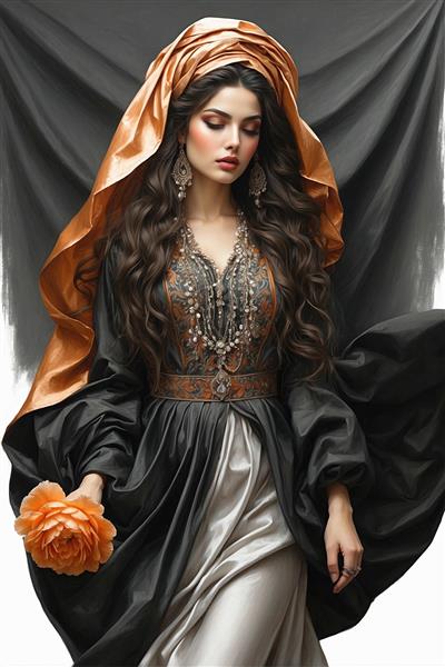 نقاشی دیجیتال زن زیبای ایرانی با لباس مجلل مشکی و شال نارنجی در حال حمل گل رز برای پوستر دیواری لوکس