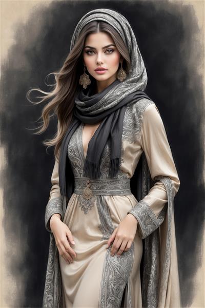 طرح نقاشی دیجیتال زن شیک‌پوش با استایل شرقی و ایرانی مناسب پوستر دیواری تالارهای پذیرایی و ویلا