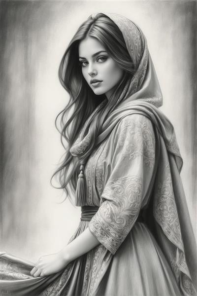 پرتره هنری سیاه قلم زن جوان ایرانی با نگاه خیره ویژه پوستر دیواری سه بعدی و قاب دکوراتیو مدرن