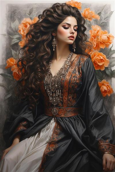 نقاشی دیجیتال چهره زن در میان گل‌های رز نارنجی سبک رمانتیک برای پوستر دیواری اتاق خواب مستر و روتختی