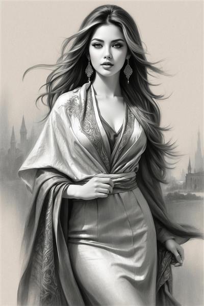 طرح سیاه قلم فیگور زن ایرانی با پس‌زمینه عمارت قدیمی برای پوستر دیواری پشت میز پذیرش و فضاهای اداری خاص