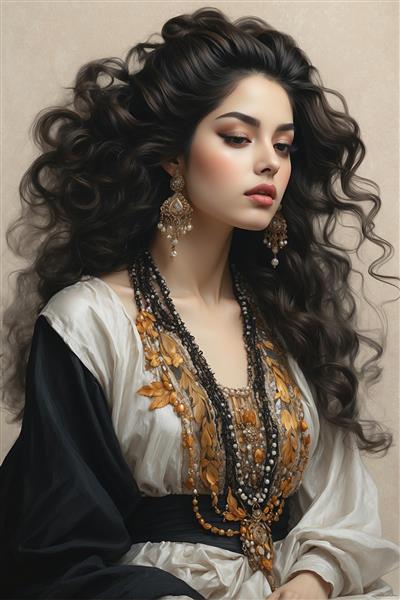 نقاشی لوکس زن با موهای فر و جواهرات سنتی ایرانی برای پوستر دیواری مزون‌های زنانه و سالن‌های زیبایی