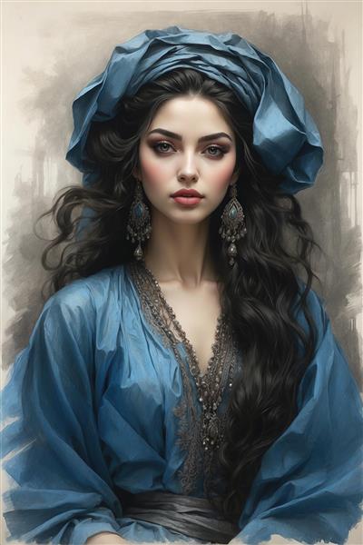 پرتره زن ایرانی با سربند آبی سبک نقاشی کلاسیک مناسب چاپ روی پرده، کوسن و پوستر دیواری اتاق نشیمن
