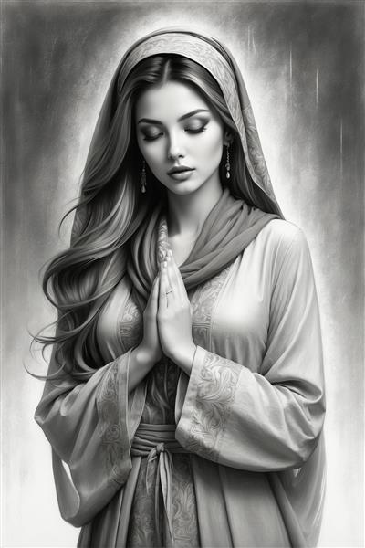 تصویر هنری چهره زن در حال دعا با استایل ایرانی سیاه قلم برای تابلوهای تزئینی هتل و لابی و پوستر دیواری آرامش‌بخش