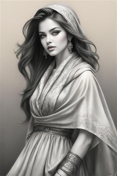 نقاشی سیاه قلم چهره زن زیبای ایرانی با لباس سنتی مناسب برای پوستر دیواری اتاق خواب و قاب دکوراتیو لوکس