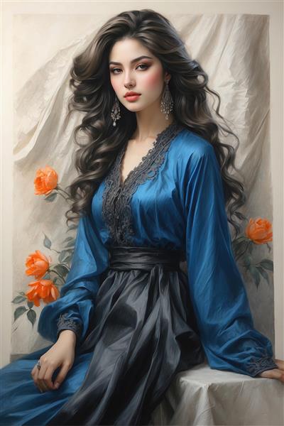 نقاشی دیجیتال رنگی زن ایرانی با لباس ساتن آبی و گل‌های رز مناسب تابلوهای عمودی دکوراتیو
