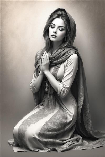 طراحی سیاه قلم لطیف دختر ایرانی با چشمان بسته در حال نیایش برای پوسترهای دیواری خاص و مینیمال