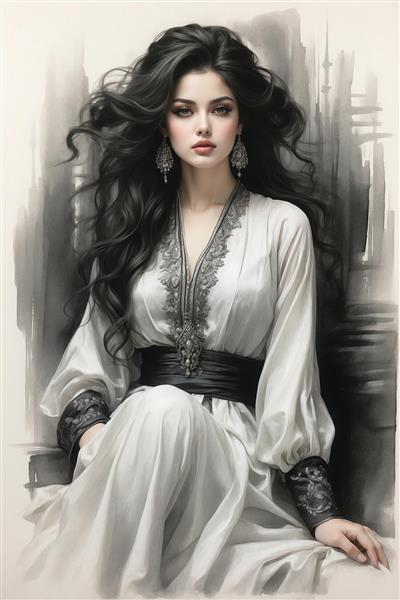 نقاشی سیاه و سفید زن نشسته ایرانی با لباس کار شده و استایل کلاسیک مناسب دکوراسیون هنری