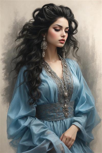 طرح هنری رنگی بانو با لباس آبی آسمانی و موهای پرپشت ایده جذاب برای تابلو دکوراتیو اتاق پذیرایی