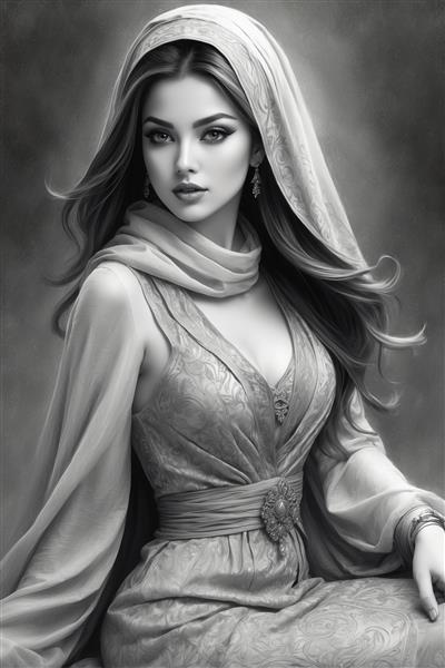 تصویر هنری سیاه قلم زن شیک ایرانی با لباس مجلل و نگاه نافذ ویژه چاپ روی بوم و دکوراسیون مدرن