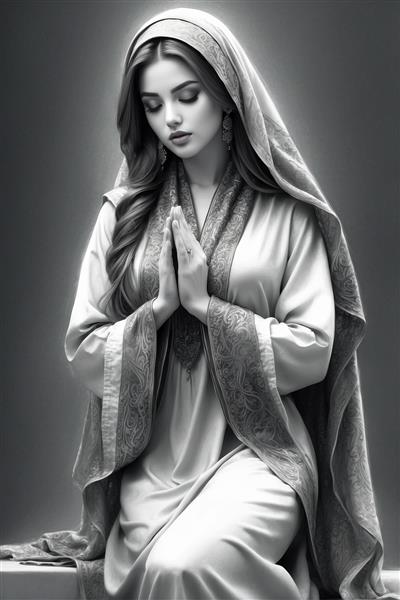 نقاشی سیاه و سفید معنوی دختر ایرانی در حال عبادت ایده عالی برای پوسترهای دیواری آرامش‌بخش