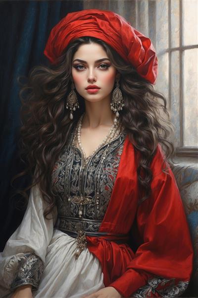 تصویر باکیفیت زن قاجاری با لباس قرمز و پوشش اصیل ایرانی مناسب برای چاپ روی پرده، کوسن و تابلو فرش