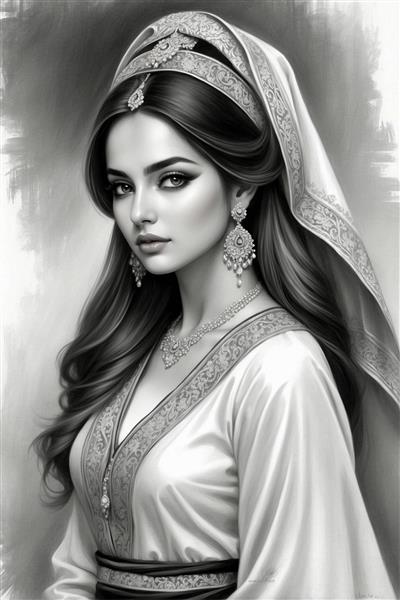 کاغذ دیواری سه بعدی چهره عروس ایرانی با تور و جواهرات نقره‌ای سبک نقاشی کلاسیک سیاه و سفید