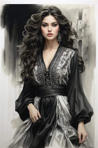 تابلو دکوراتیو نقاشی زن ایرانی با موهای فر و لباس تیره مجلل کنتراست بالا برای دیوارهای مدرن و اتاق مدیریت