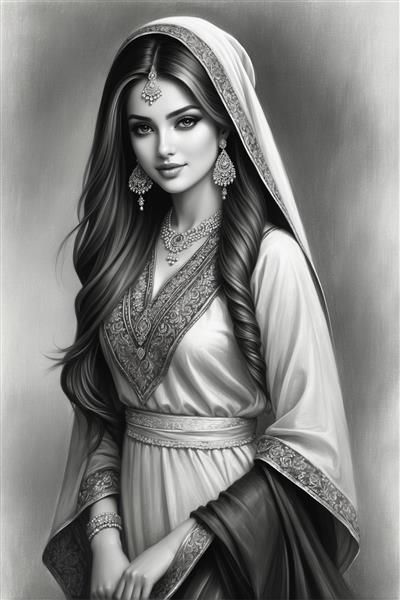 طرح کلاسیک سیاه قلم بانو با پوشش اصیل و نگاه ملایم برای پوستر دیواری اتاق نشیمن و سالن‌های زیبایی