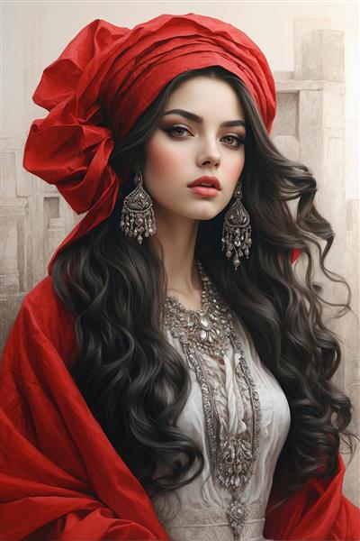 نقاشی چهره نگارگری مدرن دختر ایرانی با لباس فاخر و جواهرات سنتی ایده عالی برای تابلوهای دکوراتیو عمودی