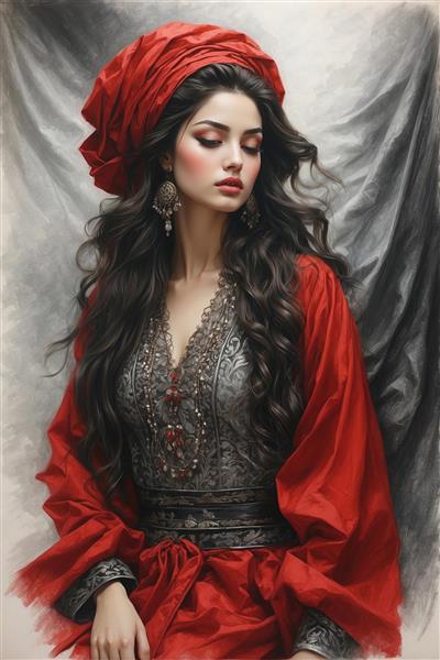 پوستر دیواری چهره زن بختیاری با سربند قرمز و لباس سنتی رنگی مناسب دکوراسیون رستوران سنتی و هتل