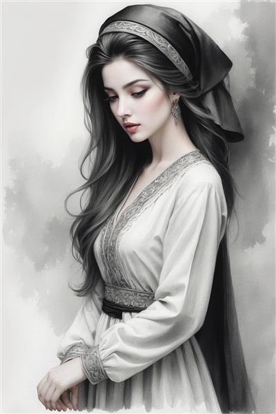 تصویر هنری سیاه و سفید دختر در حال تفکر با لباس محلی ایران ویژه چاپ روی بوم و کاغذ دیواری سه بعدی